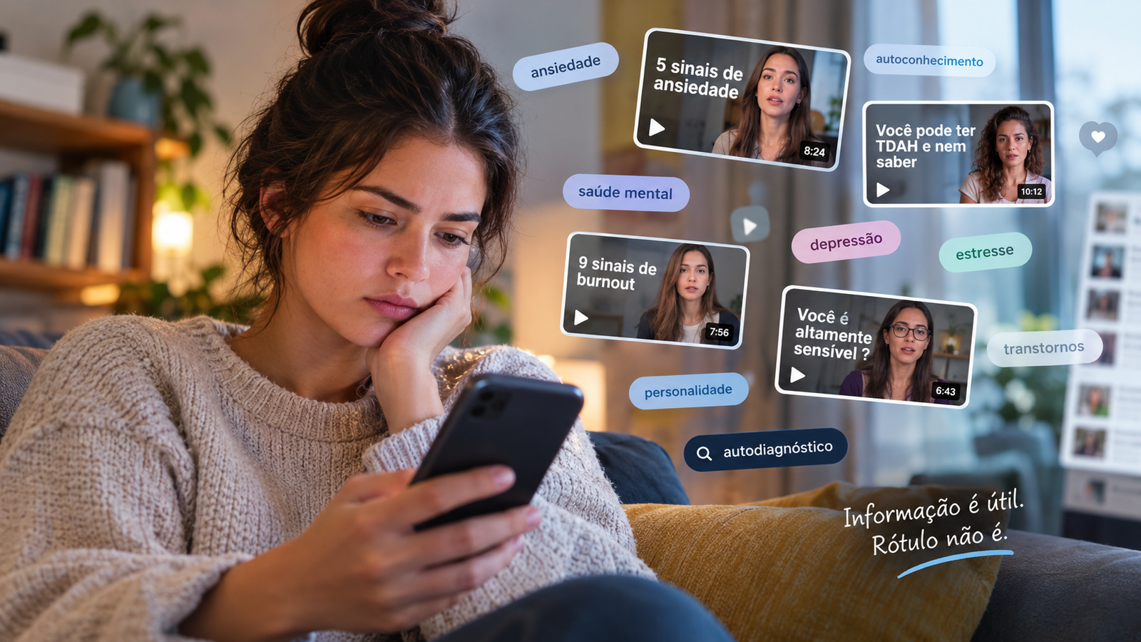Mulher usando celular e refletindo sobre o autodiagnóstico nas redes sociais