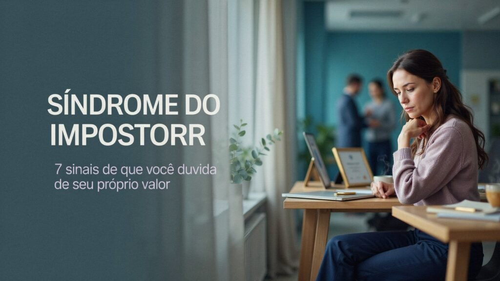 Mulher refletindo sobre suas conquistas profissionais, representando a síndrome do impostor.